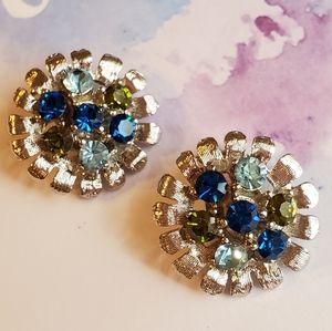Vintage Silver Rhinestone Flower Clip On Earrings